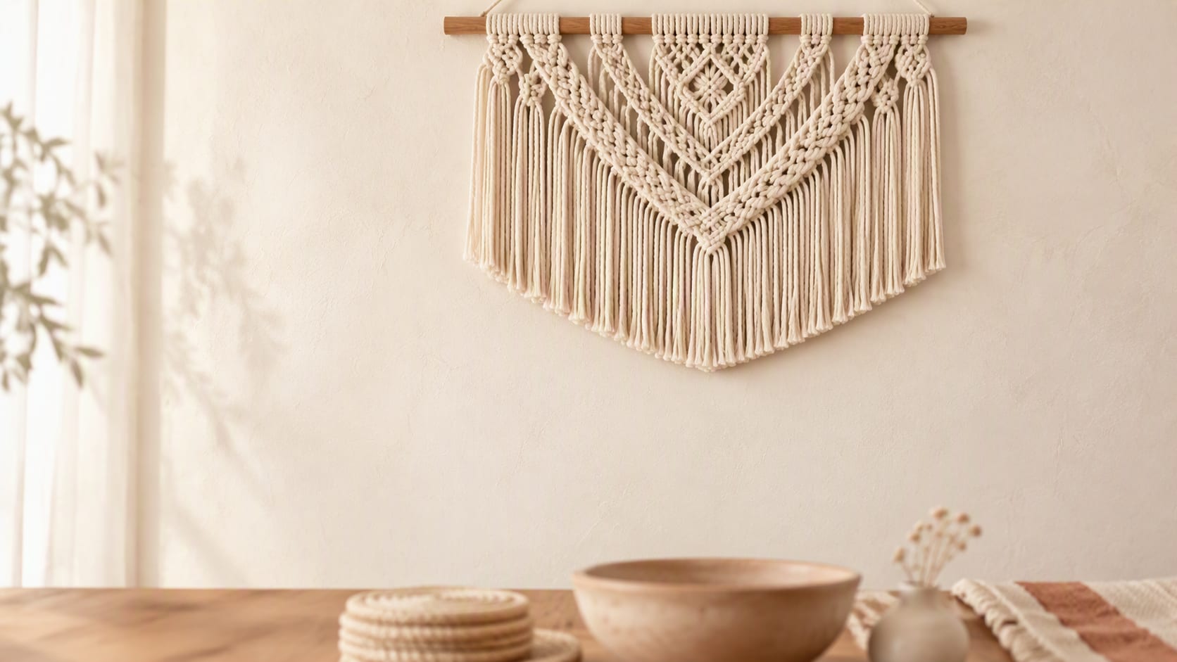 A large hand-knotted macramé wall hanging in natural cotton rope, with a deep fringe, on a warm plaster wall above a jute rug